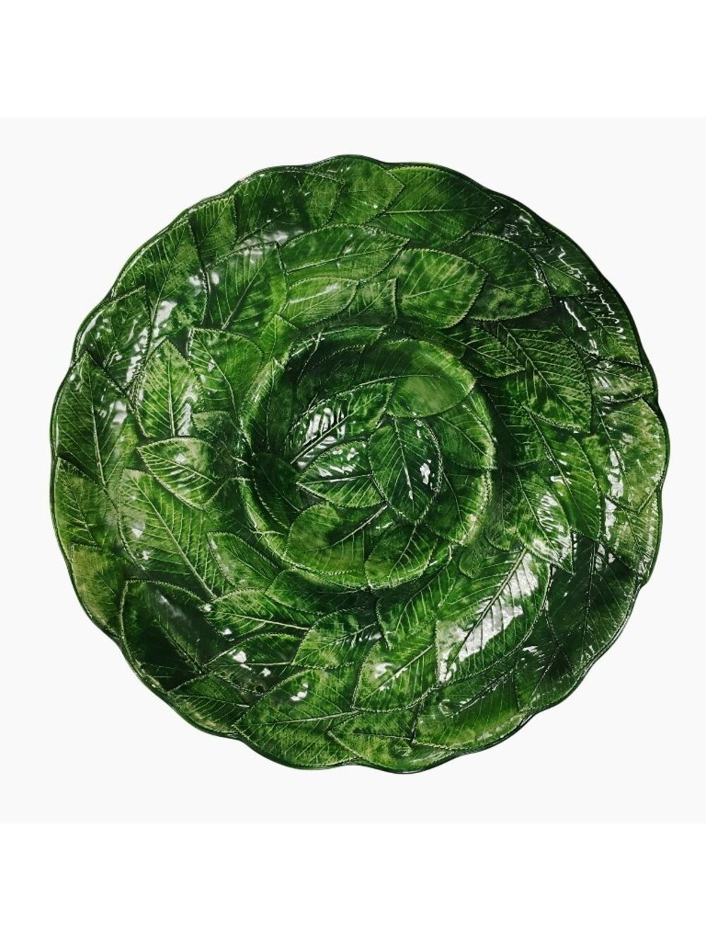 Vintage Vietri Foglia Leonardo Green Leaf Majolica Chip and Dip Platter Italy